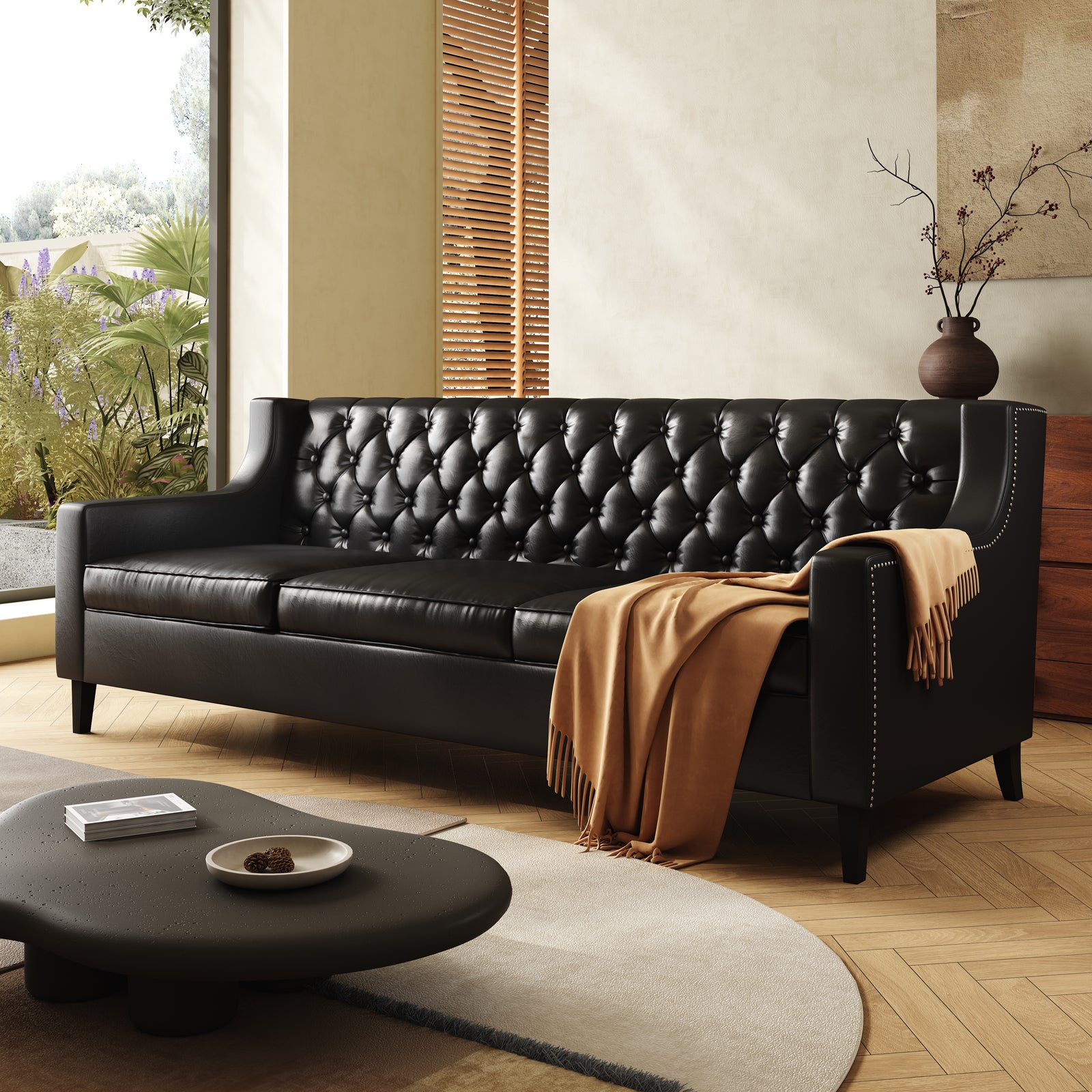 78.75" W Faux Leather Sofa, Button-Tufted 3-Seater Sofa, Mid Century Modern Vintage Brown Leather couches Couch for Living Room, Entertainment Area, Apartment,Office