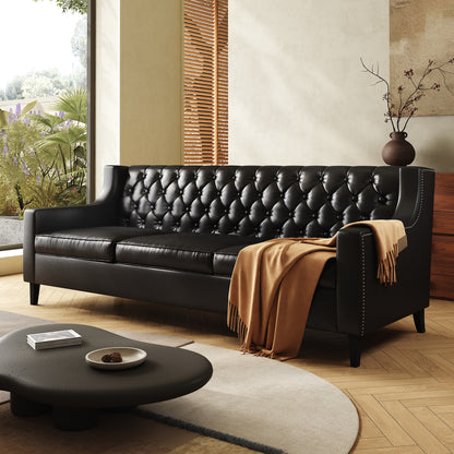 78.75" W Faux Leather Sofa, Button-Tufted 3-Seater Sofa, Mid Century Modern Vintage Brown Leather couches