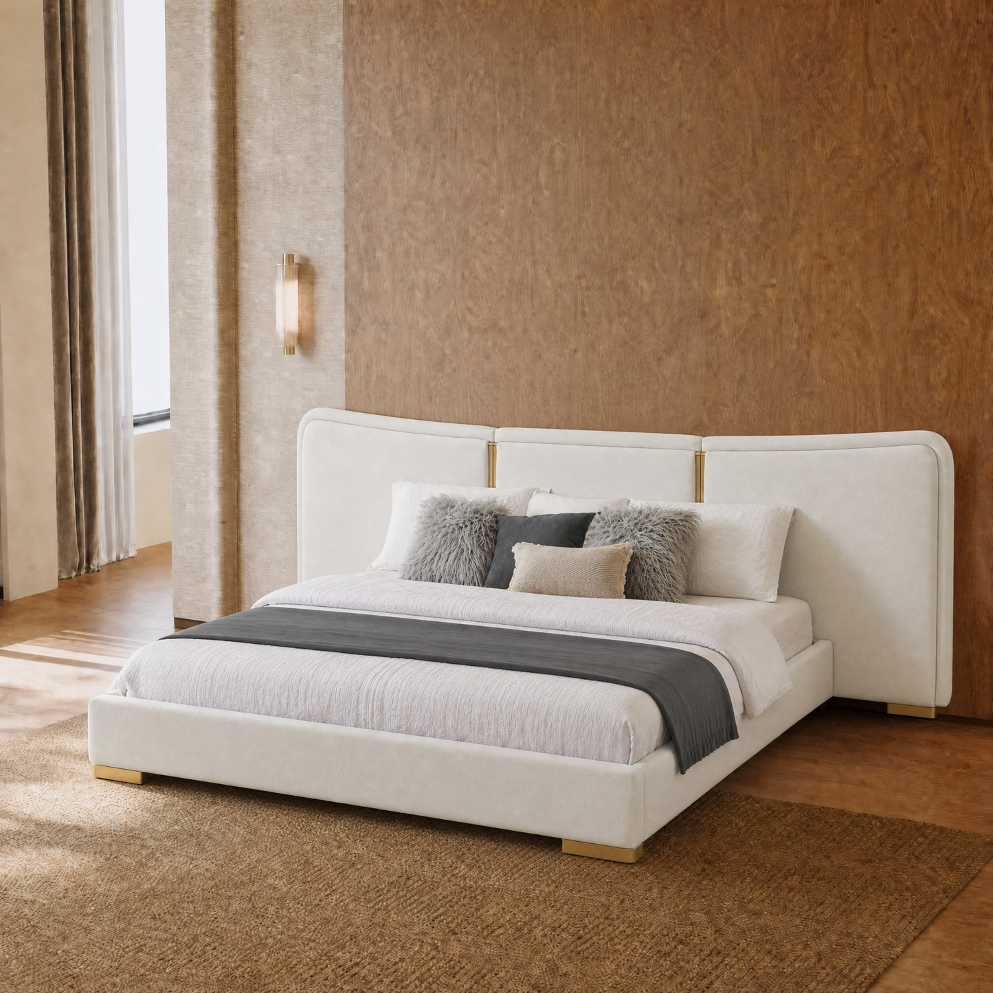 3-Panel Curved Platform Bed Gold Strips Low Profile Wood Slats Luxury Assembly