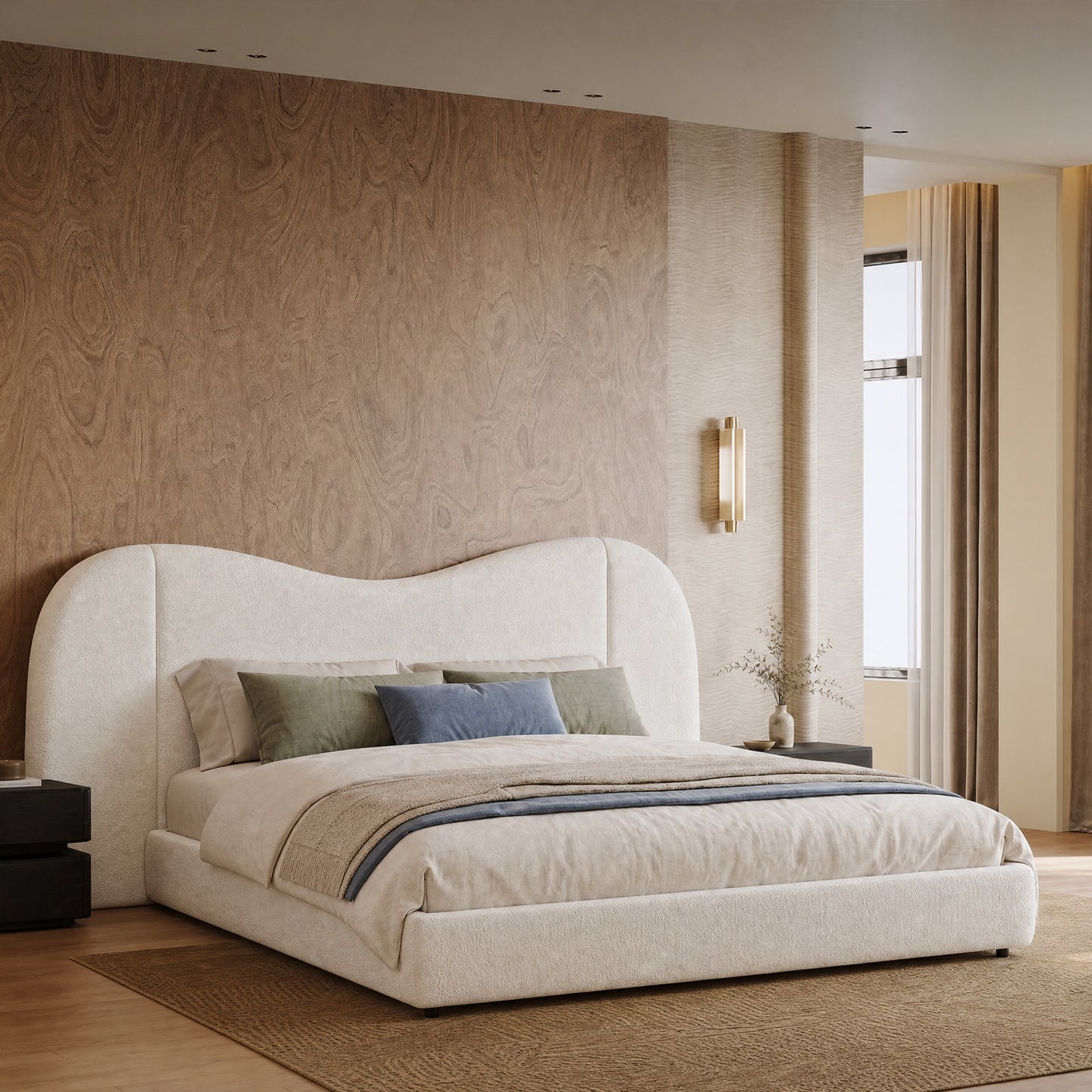 Neutral Organic Wavy Silhouette Plush Cloud King Upholstered Bed