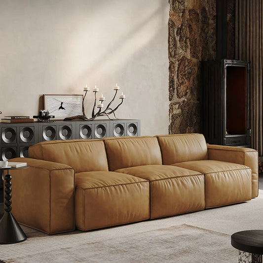 air Leather 3 Piece Sofa in Camel - Faux Leather 3 Seater Couch - Comfy Mid Century Modern Sofa