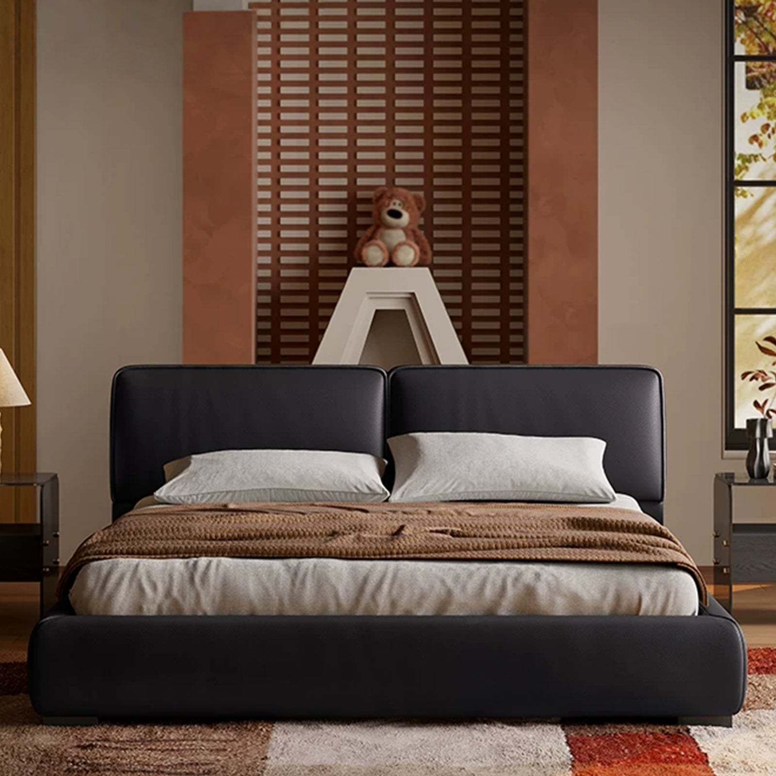 Queen Size Faux Leather Upholstered Platform Bed, Queen Size Modern Minimalist Low Profile Bed Frame with Padded Headboard, No Box Spring Needed, for Bedroom