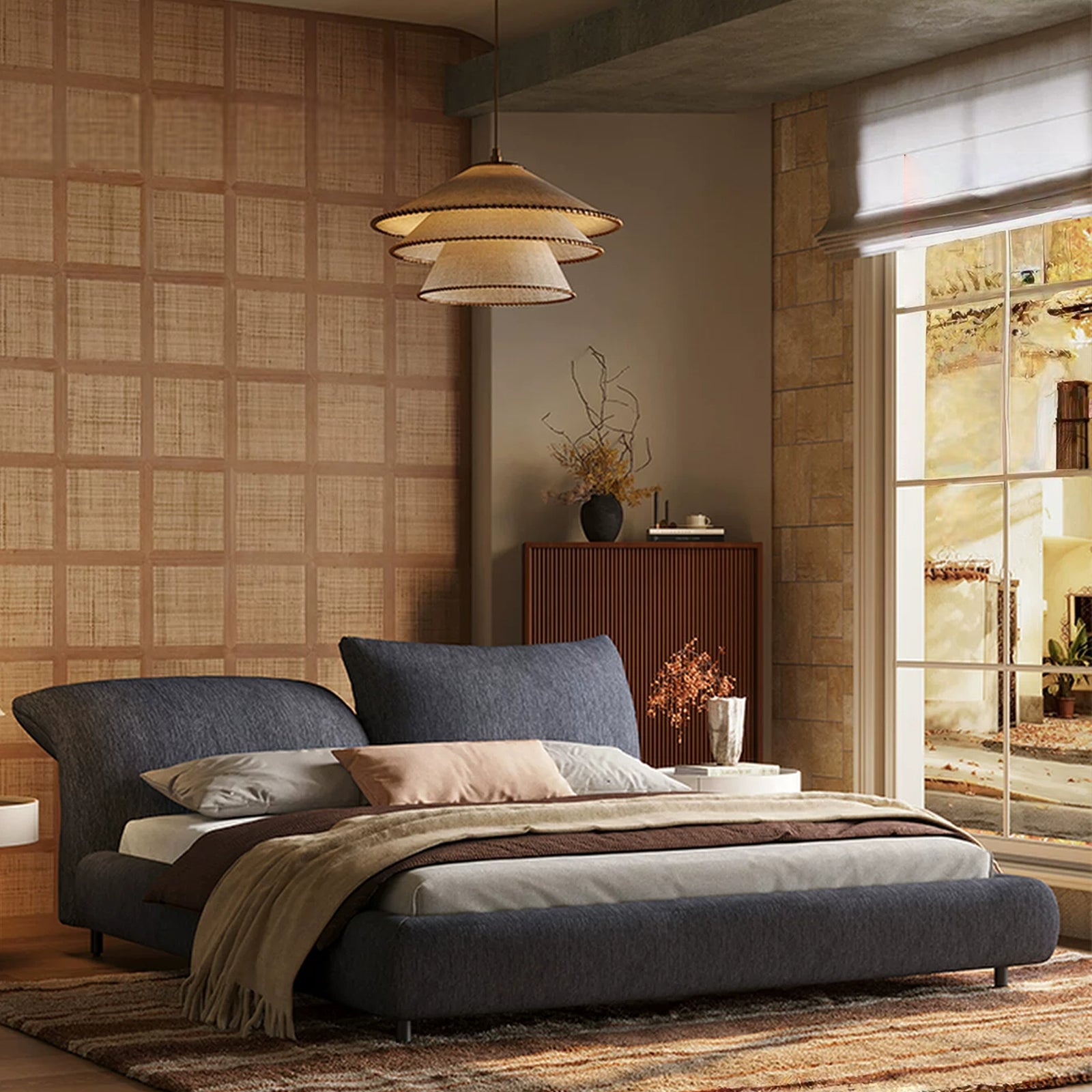 Queen Size Upholstered Platform Bed Frame with Soft Headboard, Modern Chenille Fabric Bed, No Box Spring Needed
