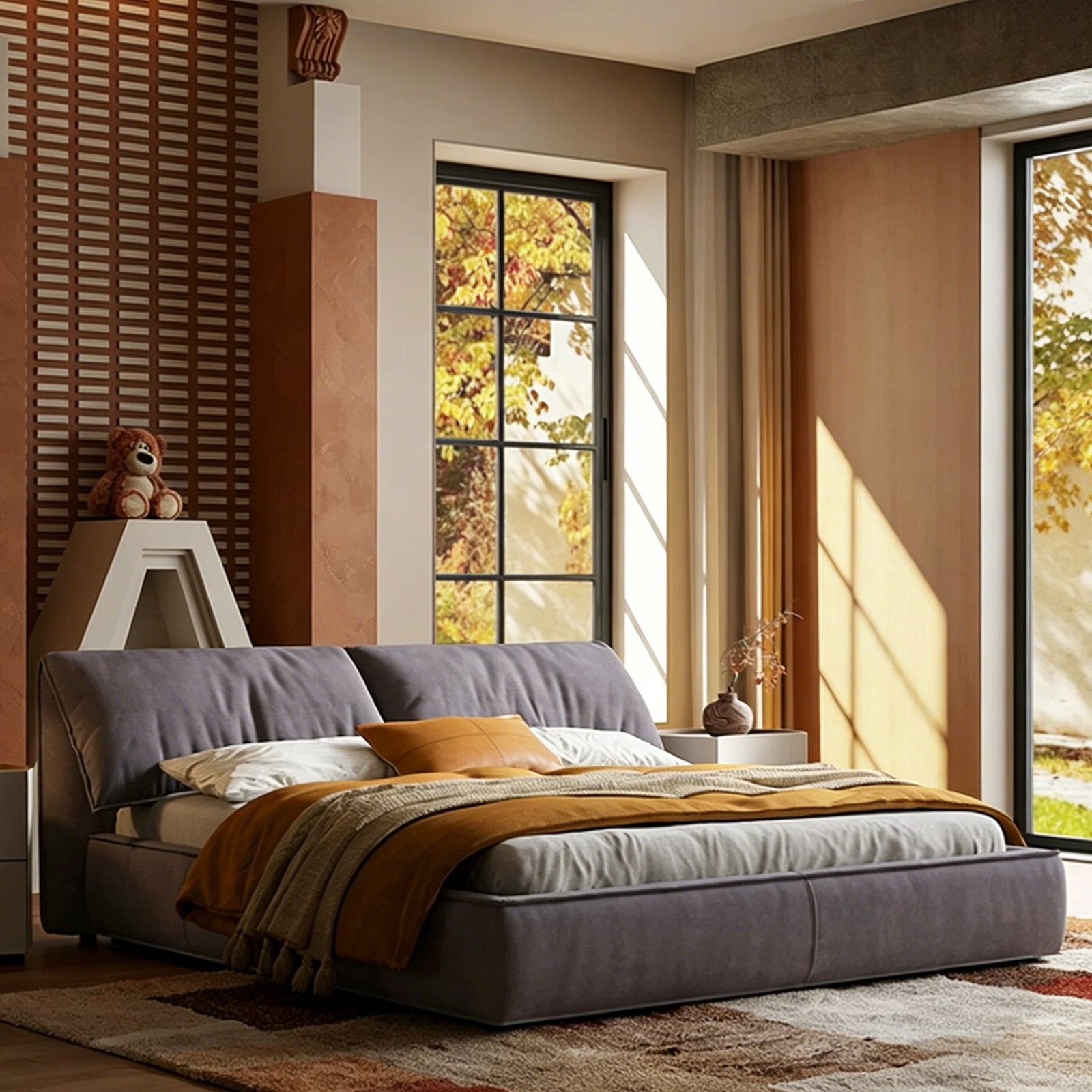 Queen Size Upholstered Platform Bed Frame with Oversized Padded Headboard, Modern Low Profile Bed Frame, No Box Spring Needed