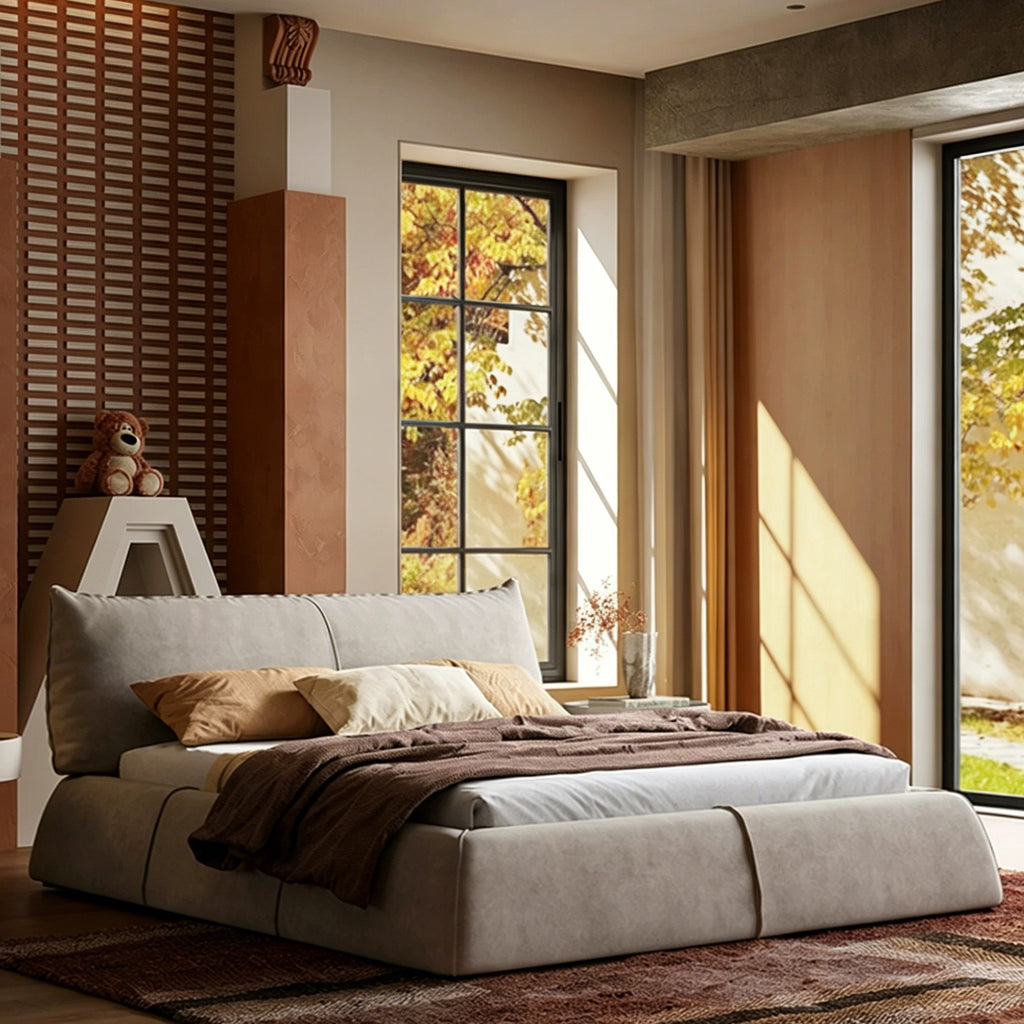 Queen Size Upholstered Bed Frame, Minimalist Low-Profile Floor Bed with Oversized Soft Headboard, Modern Mid-Century Linen Platform Bed, No Box Spring Needed, Beige