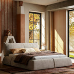 Queen Size Upholstered Bed Frame, Minimalist Low-Profile Floor Bed with Oversized Soft Headboard, Modern Mid-Century Linen Platform Bed, No Box Spring Needed, Beige