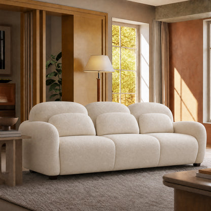 78-inch white cloud three-seater sofa, thickly padded backrest with curved armrests in sheepskin fabric, with a load capacity of 2000 pounds, a simple style fabric sofa, suitable for living rooms and minimalist-style apartments
