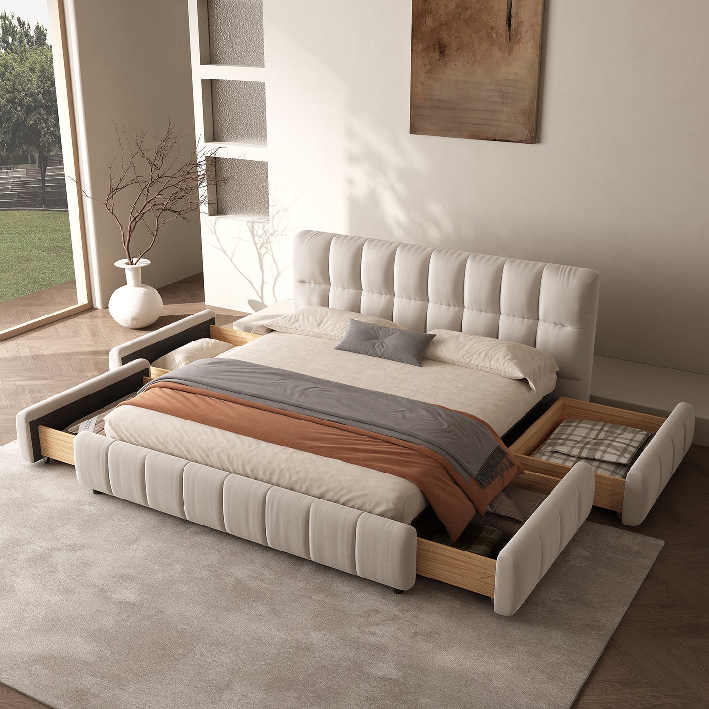 Queen Size Modern Cloud-Feel Bed Frame,With four drawers,Multi Color Beige/Green/Grey/Pink