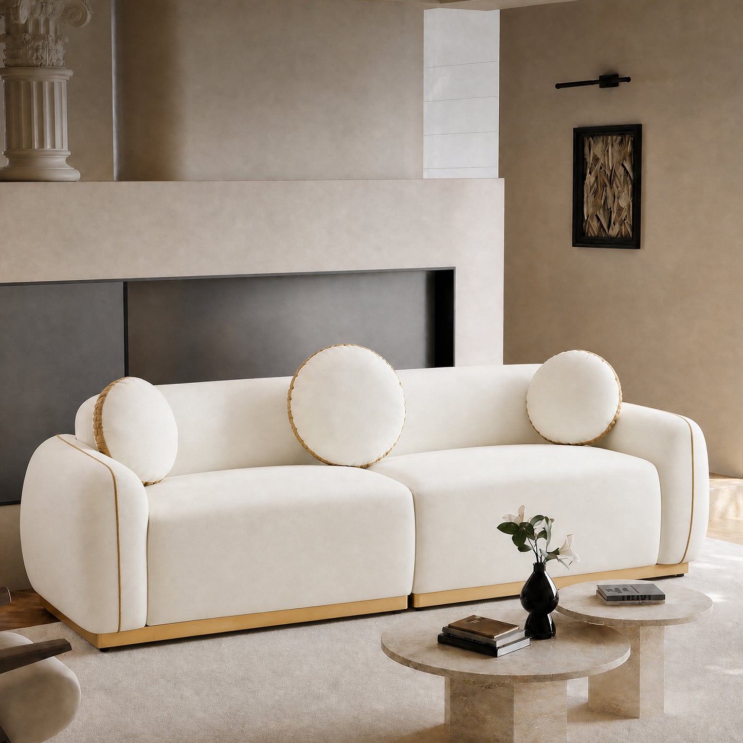 90.94 Inch White Boucle 2-Seater Modular Sofa,golden contrasting-stitching wooden base with armrests sofa, 2000-pound heavy-duty minimalist wabi-sabi style sofa, equipped with 3 round cushions, suitable for living rooms and villas