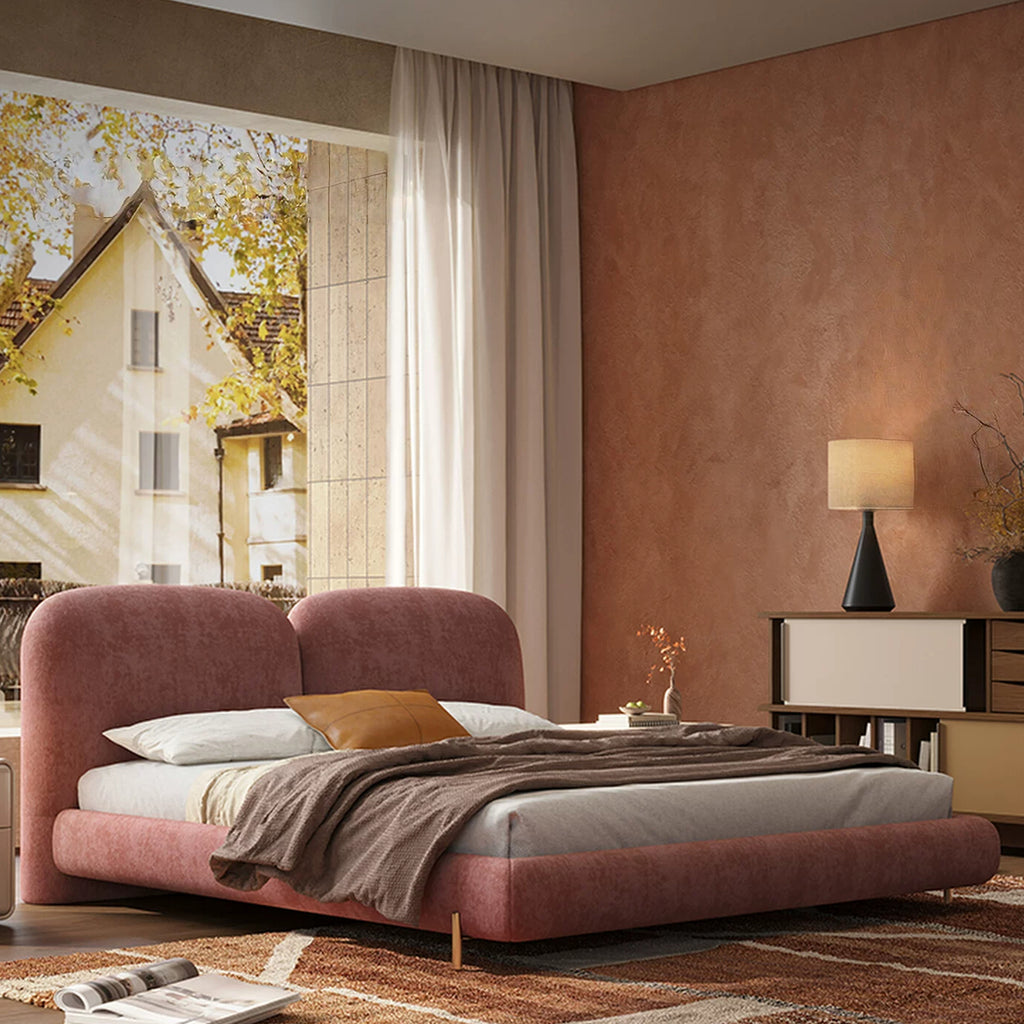 Queen Size Cloud Bed Frame, Mid-Century Modern Upholstered Bed with Soft Chenille Fabric, Low Profile Platform Bed with Curved Double Headboard