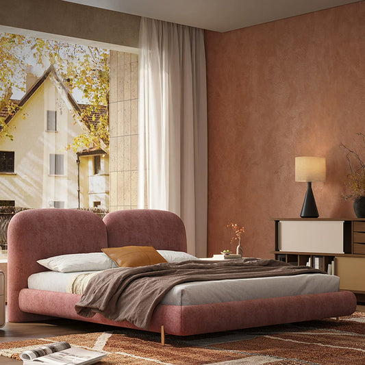 Queen Size Modern Soft Chenille Fabric Cloud Bed Frame with Curved Double Headboard