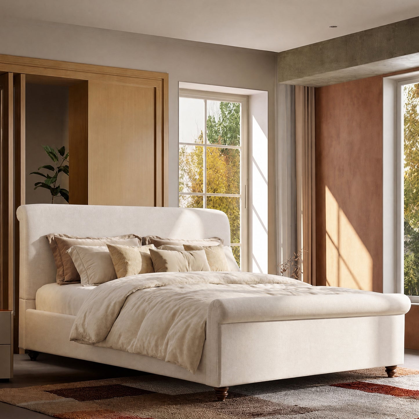 Boucle Fabric Curved Sleigh Bed Frame Queen,beige