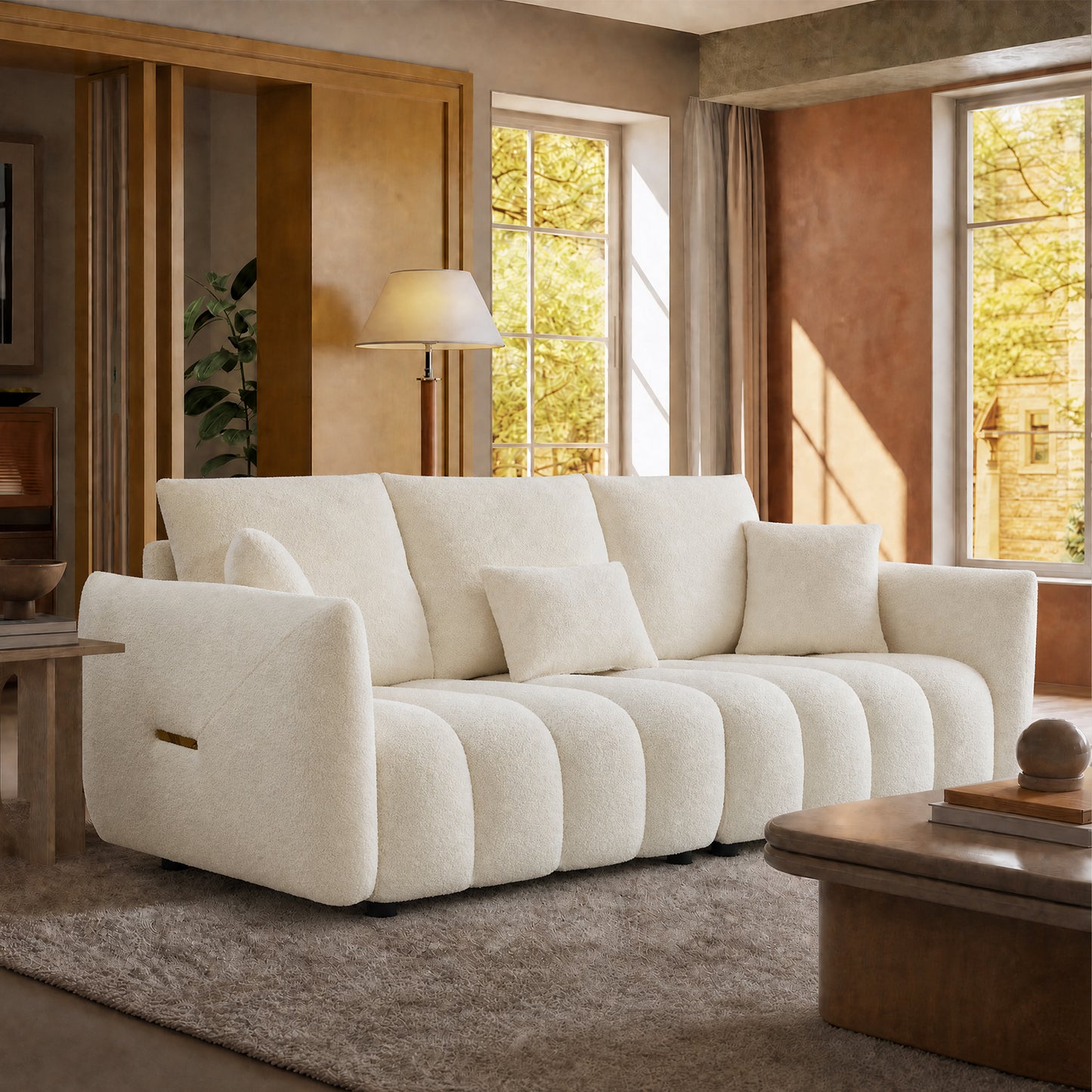 79.5-inch white wavy 3-seater sofa, boucle sofa, with side pockets and cushions, with a load capacity of 2000 pounds, sturdy and durable, minimalist and serene style, suitable for living rooms and apartments