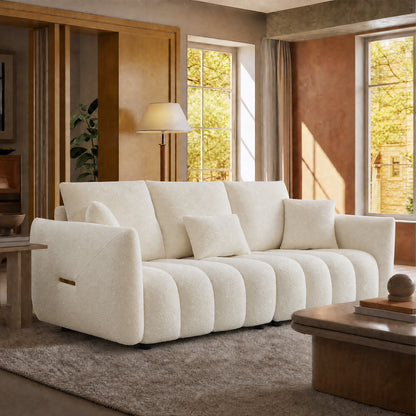 79.5-inch white wavy 3-seater sofa, boucle sofa, with side pockets and cushions, with a load capacity of 2000 pounds, sturdy and durable, minimalist and serene style, suitable for living rooms and apartments