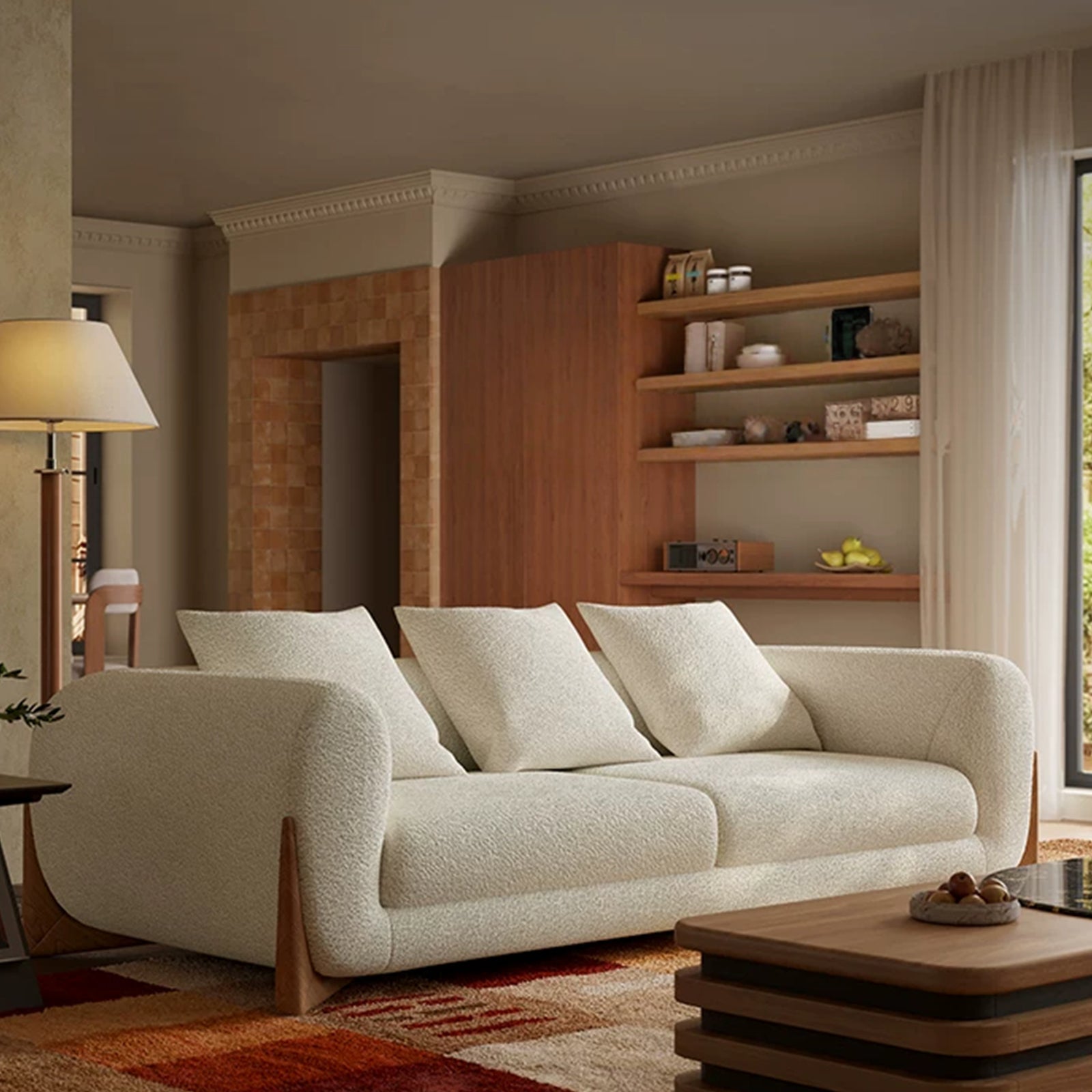 86-Inch Cloud-Feel Boucle Sofa, Modern Upholstered Cloud Couch Durable Comfy Boucle Sofa Deep Seat with Wooden Leg & Pillow Sofas, 3 Seater Couches for Living Room, Bedroom, Apartment, Beige