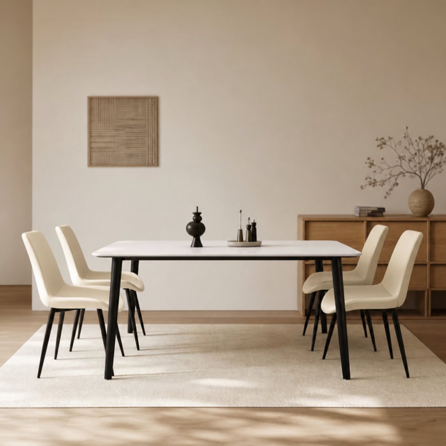 63 Inch Sintered Stone Dining Table, Gloss White Top with Carbon Steel Legs