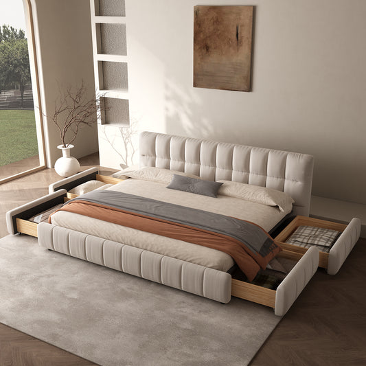Queen Size Modern Cloud-Feel Bed Frame,With four drawers,Multi Color Beige/Green/Grey/Pink