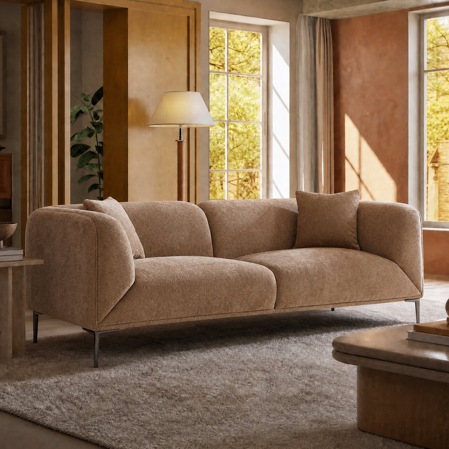 82.68-inch brown corduroy modular 2-seater sofa, modern armchair fabric sofa, with leg supports and cushions, with a load capacity of 2000 pounds, sturdy and durable, minimalist design, suitable for living rooms and apartments