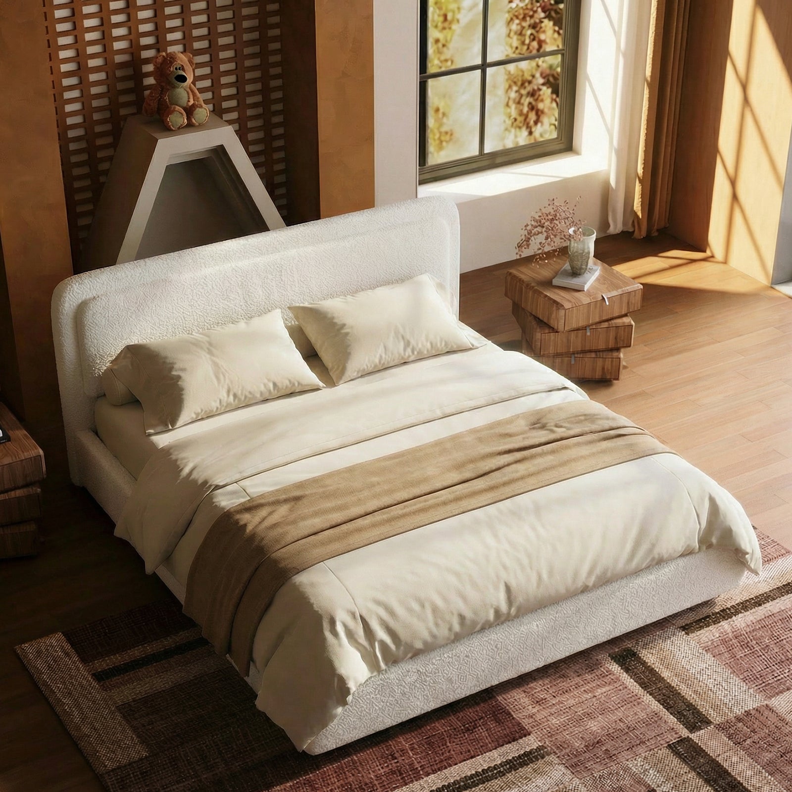 Queen Bed Frame with Adjustable Height Headboard,Upholstered Cloud-Feel Bed, Anti-Collision Soft Rounded Corners, Boucle Platform Bed for Modern Bedrooms, Apartments