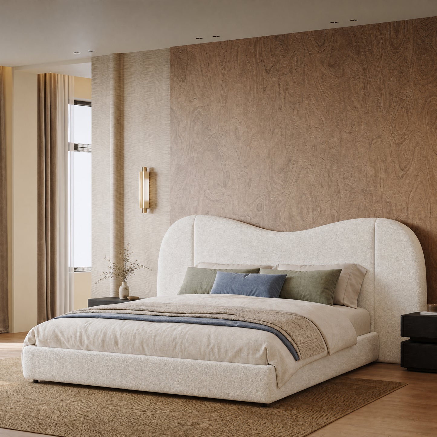 Neutral Organic Wavy Silhouette Plush Cloud King Upholstered Bed