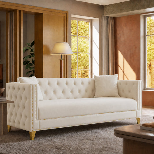 80.7-inch cream-colored Chesterfield sofa, featuring embossed buttons and a footrest, with 2 seats, heavy-duty with a 2000-pound load-bearing capacity, suitable for living rooms or apartments.