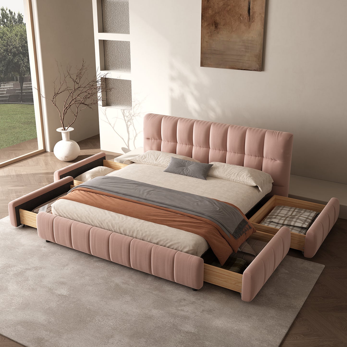 Queen Size Modern Cloud-Feel Bed Frame,With four drawers,Multi Color Beige/Green/Grey/Pink