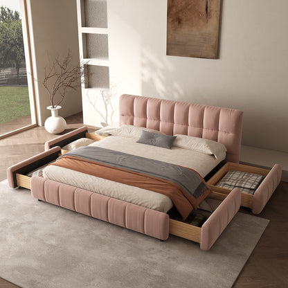 Queen Size Modern Cloud-Feel Bed Frame,With four drawers,Multi Color Beige/Green/Grey/Pink