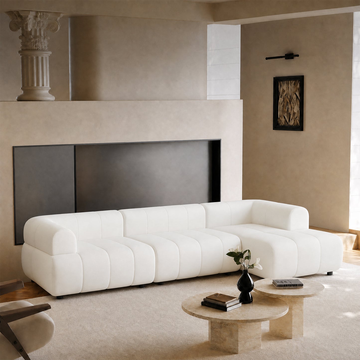 122-inch white wave modular L-shaped sofa, plush curved corner cloud sofa with armrests, with a load capacity of 2000 pounds, modern minimalist style