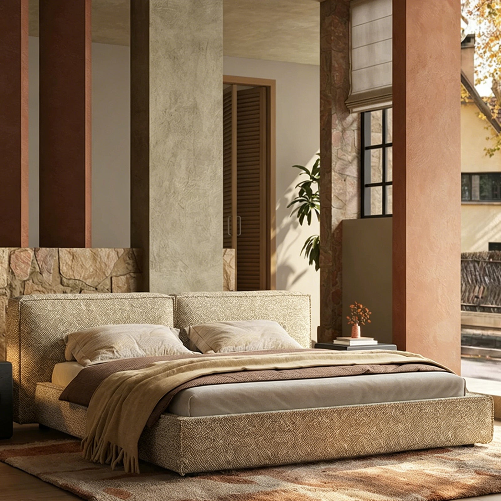 Queen Size Linen Upholstered Platform Bed Frame, Modern Style Cloud-Feel Bed with Low Profile Headboard, No Box Spring Needed, Beige