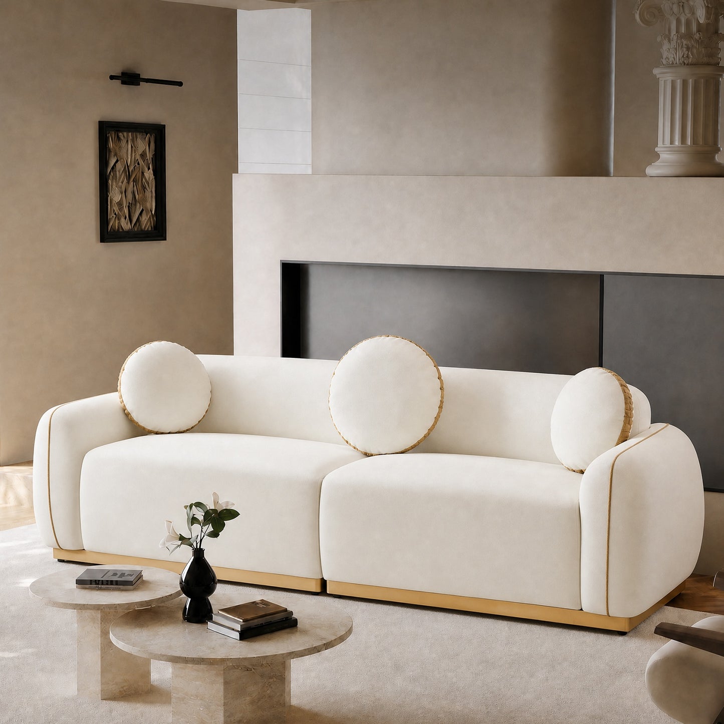 90.94 Inch White Boucle 3-Seater Modular Sofa,golden contrasting-stitching wooden base with armrests sofa, 2000-pound heavy-duty minimalist wabi-sabi style sofa, equipped with 3 round cushions, suitable for living rooms and villas