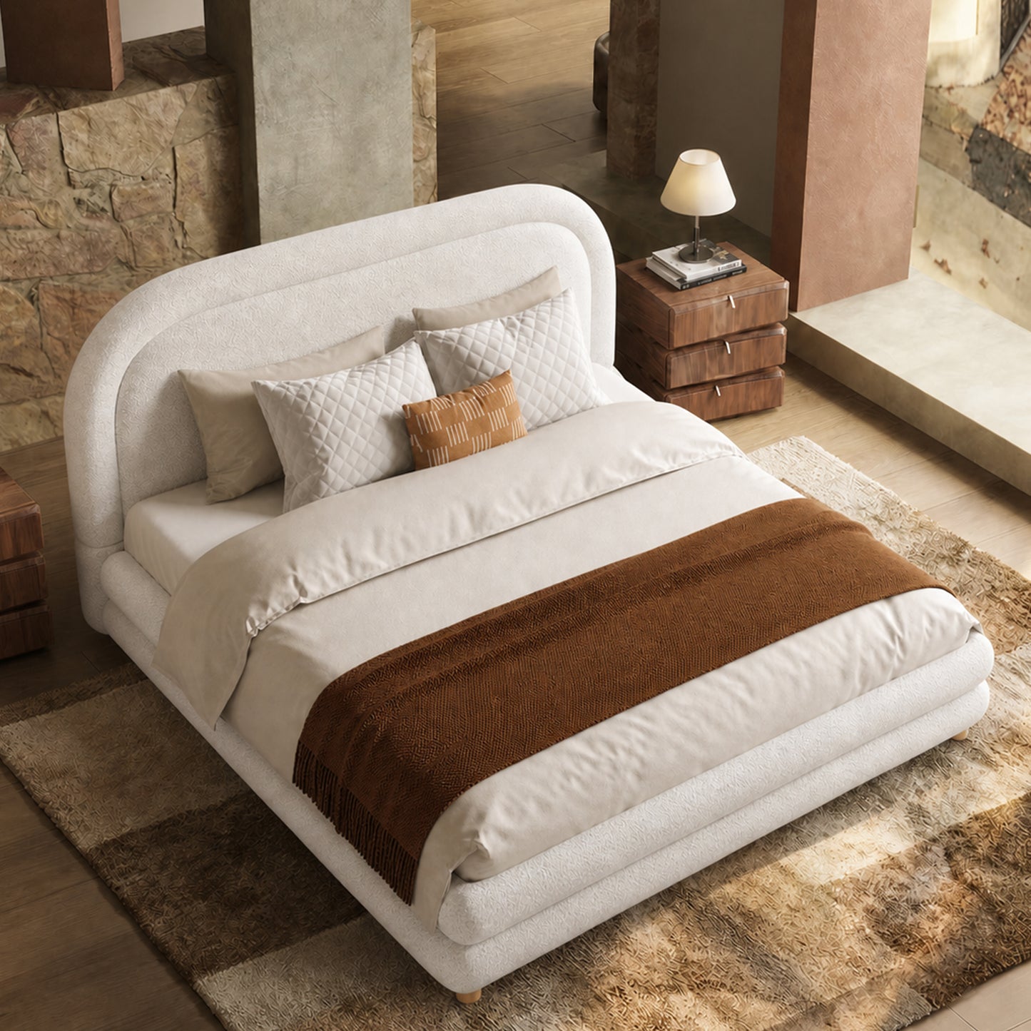 Neutral Minimal Curved Arch Dome Cloud Boucle Queen Bed Frame