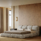 Queen Size Upholstered Grounded Bed with Linen Thick Headboard and Footboard, Block Style, No Spring Box Needed
