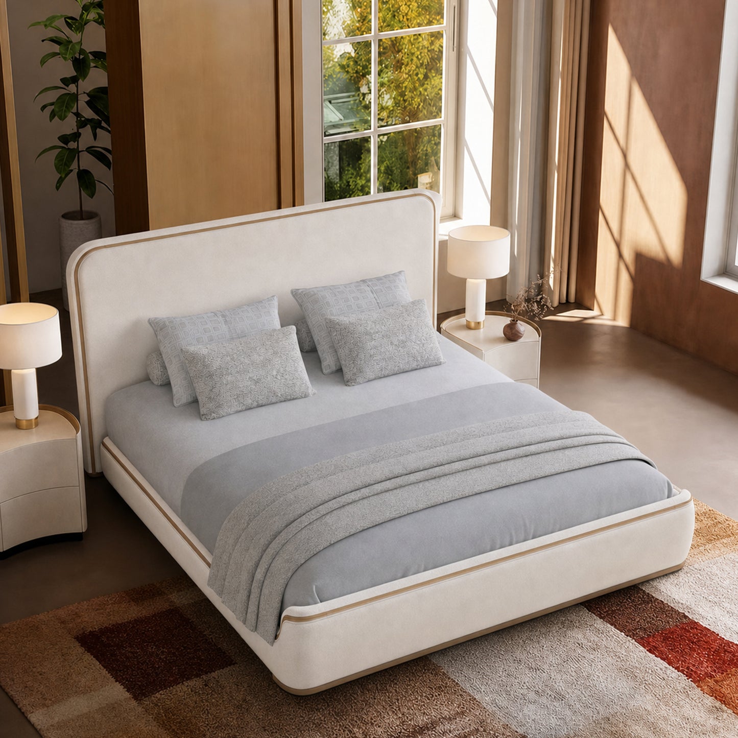 Rounded Gold-Trim Texture Fabric High-Weight Platform Bed