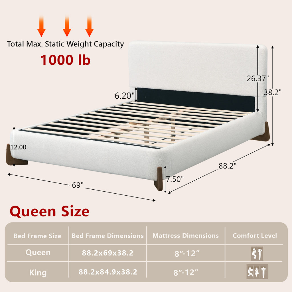 Queen Size Boucle Cloud-Feel Bed Frame, White Upholstered Platform Bed with Soft Headboard, Solid Wood Legs, No Box Spring Required, Easy Assembly