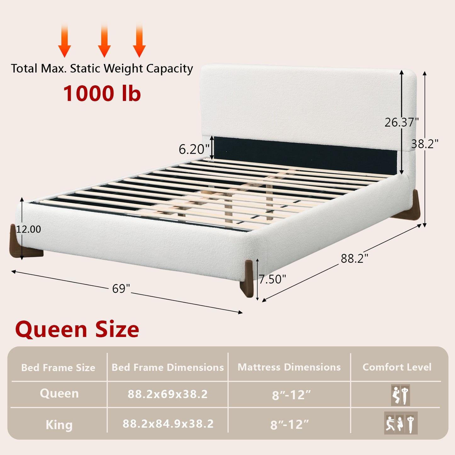 Queen Size Boucle Cloud-Feel Bed Frame,  Solid Wood Legs