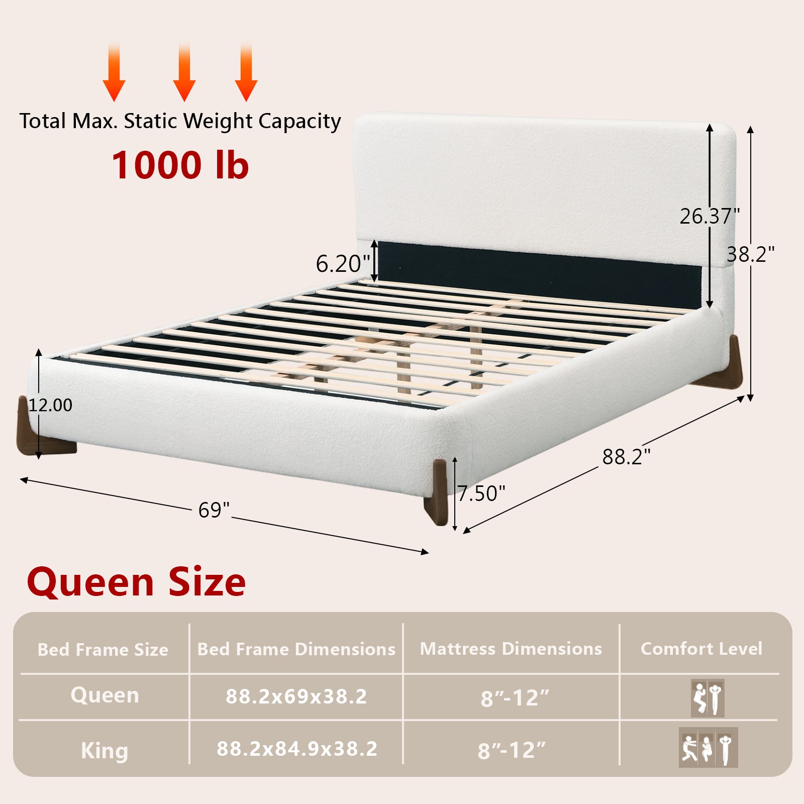Queen Size Boucle Cloud-Feel Bed Frame, White Upholstered Platform Bed with Soft Headboard, Solid Wood Legs, No Box Spring Required, Easy Assembly
