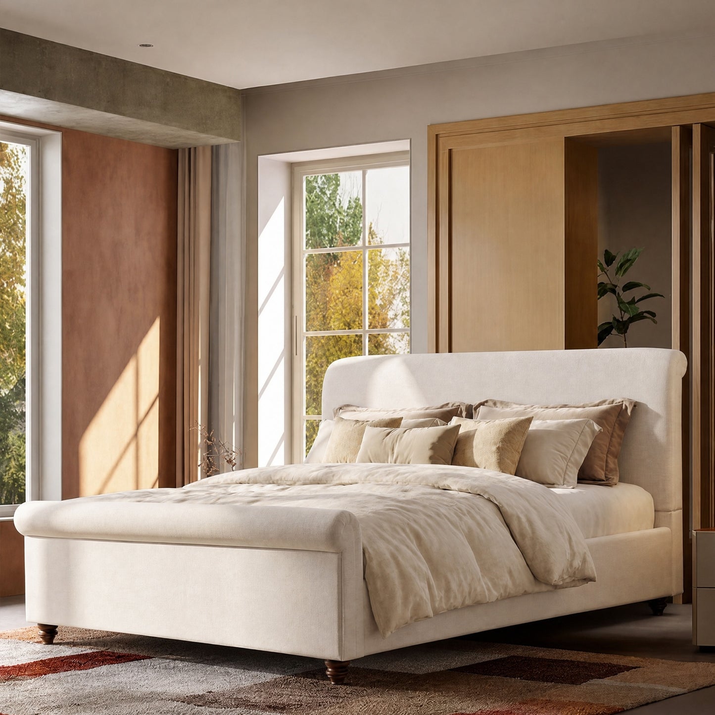 Boucle Fabric Curved Sleigh Bed Frame Queen,beige
