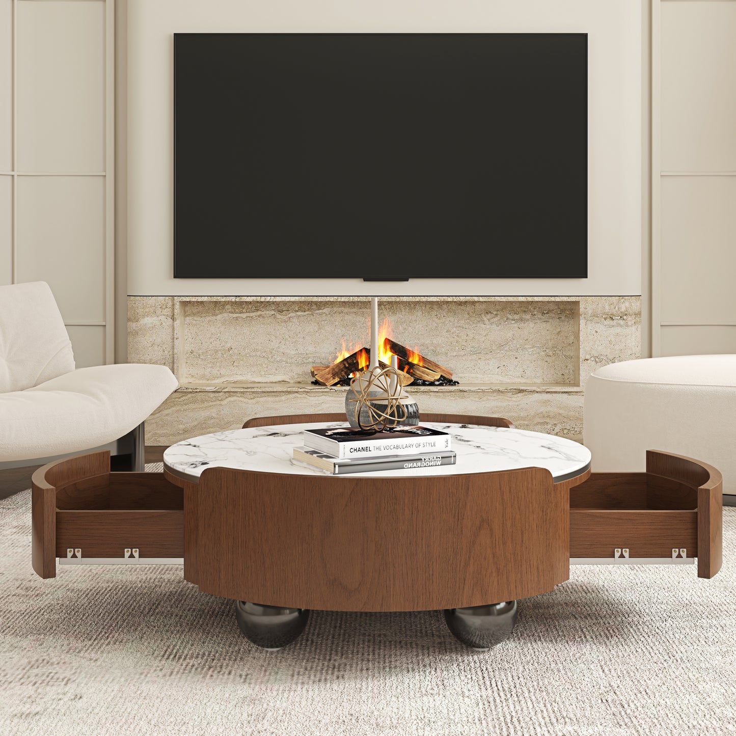 Walnut & Stone Round Coffee Table｜35.43" 2-Sided Curved Drawers