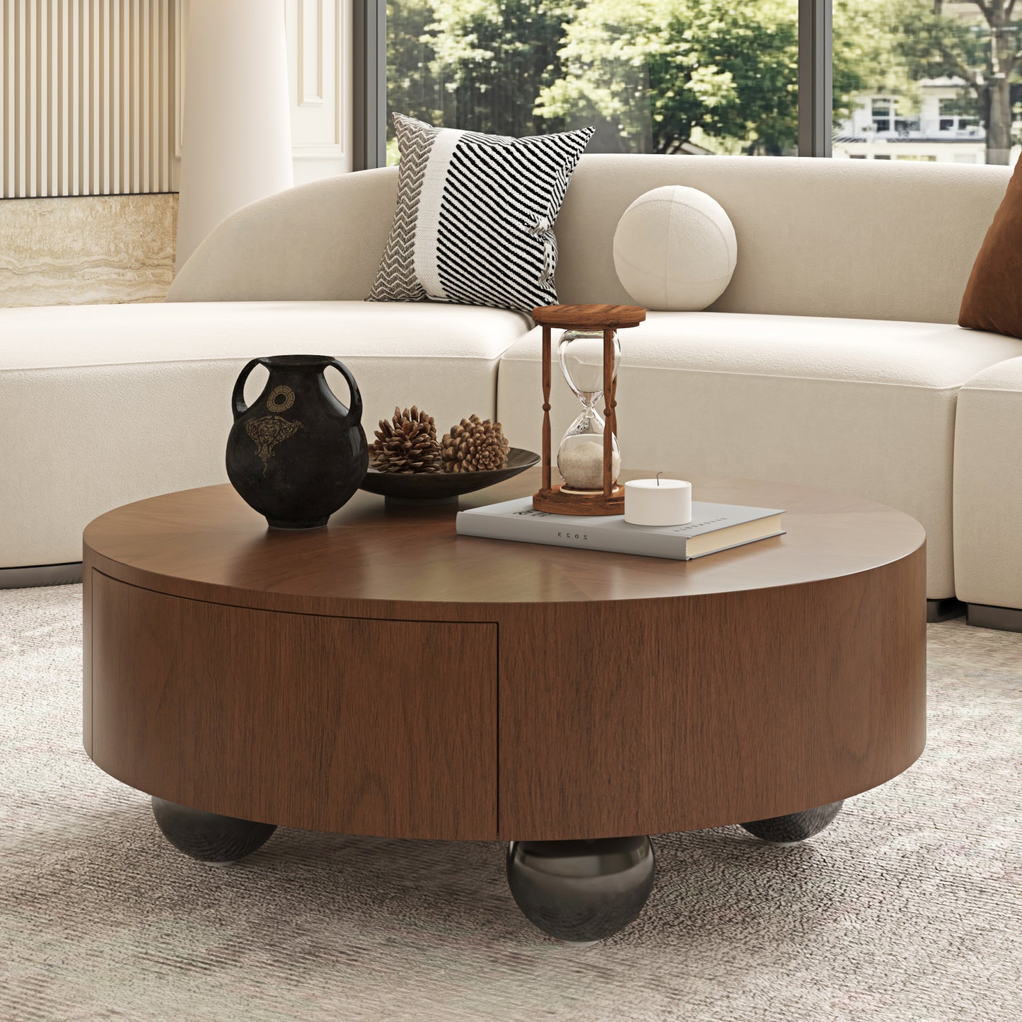 Walnut Coffee Table with Drawers | 35.4" Dual Silent Drawers