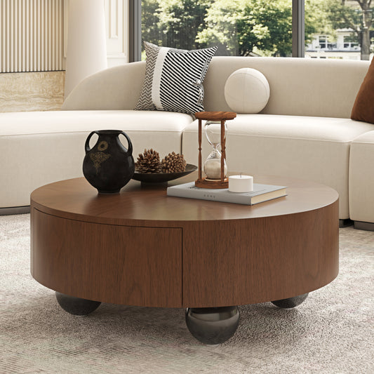 Walnut Coffee Table with Drawers | 35.4" Dual Silent Drawers