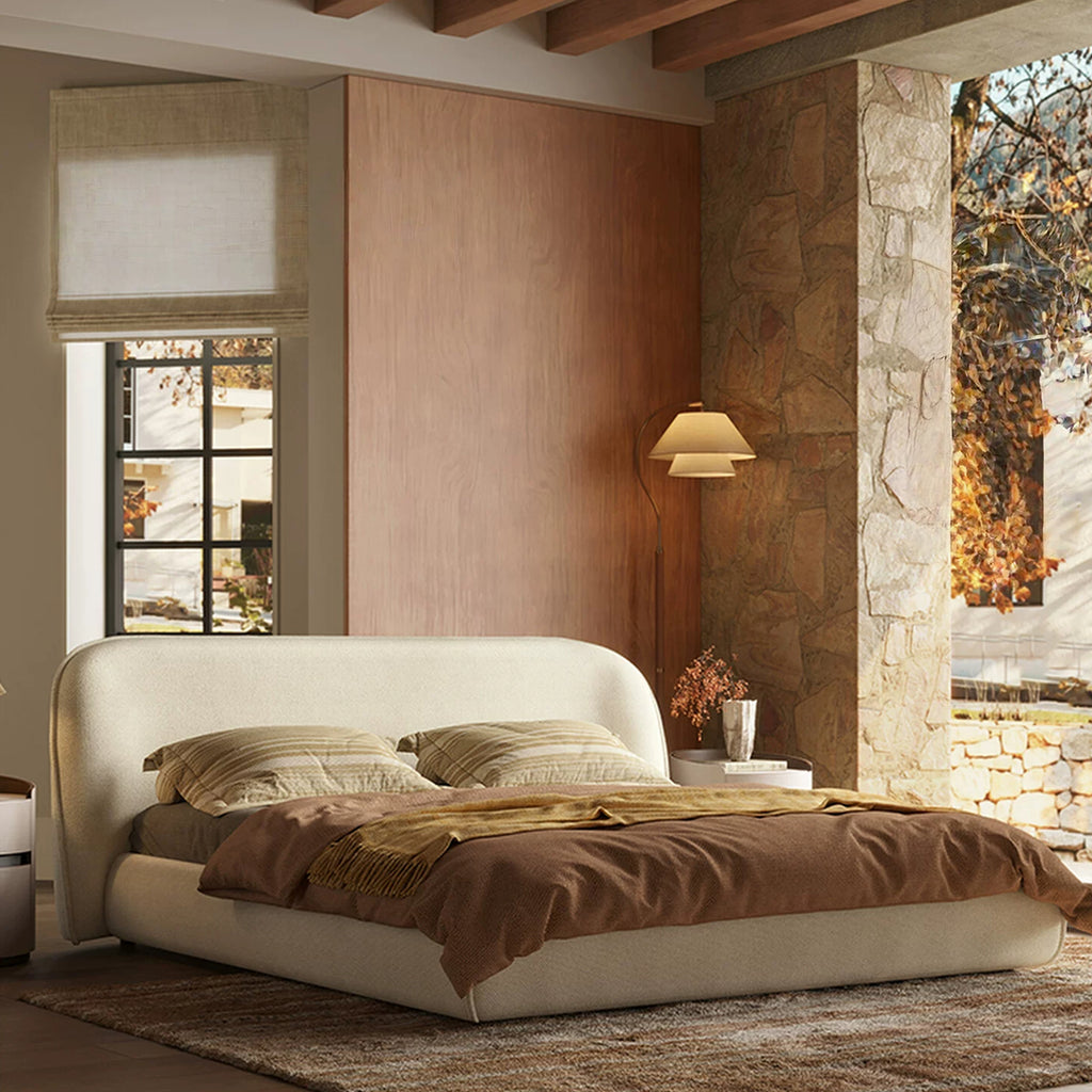 Cloud-Feel Bed Frame and Headboard, Upholstered Soft King Size Bed Frame with Round Edges, Linen Platform Bed for Apartments & Master Rooms & Guest Rooms, No Box Spring Needed,Beige