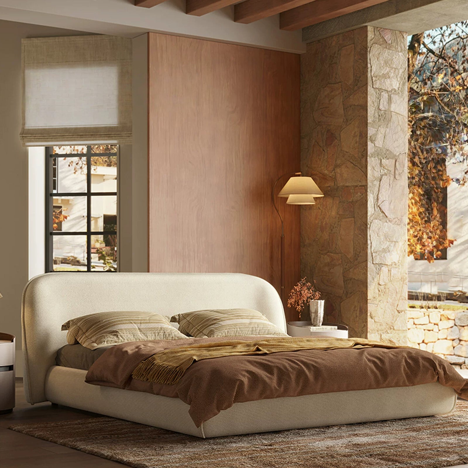 Cloud-Feel Bed Frame and Headboard, Upholstered Soft King Size Bed Frame with Round Edges, Linen Platform Bed for Apartments & Master Rooms & Guest Rooms, No Box Spring Needed,Beige