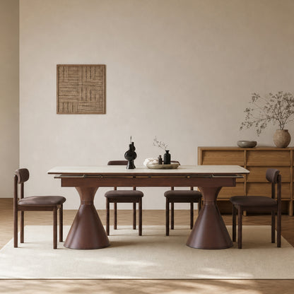 Extendable Stone-Top Dining Table: White marble-patterned tabletop with tapered metal legs