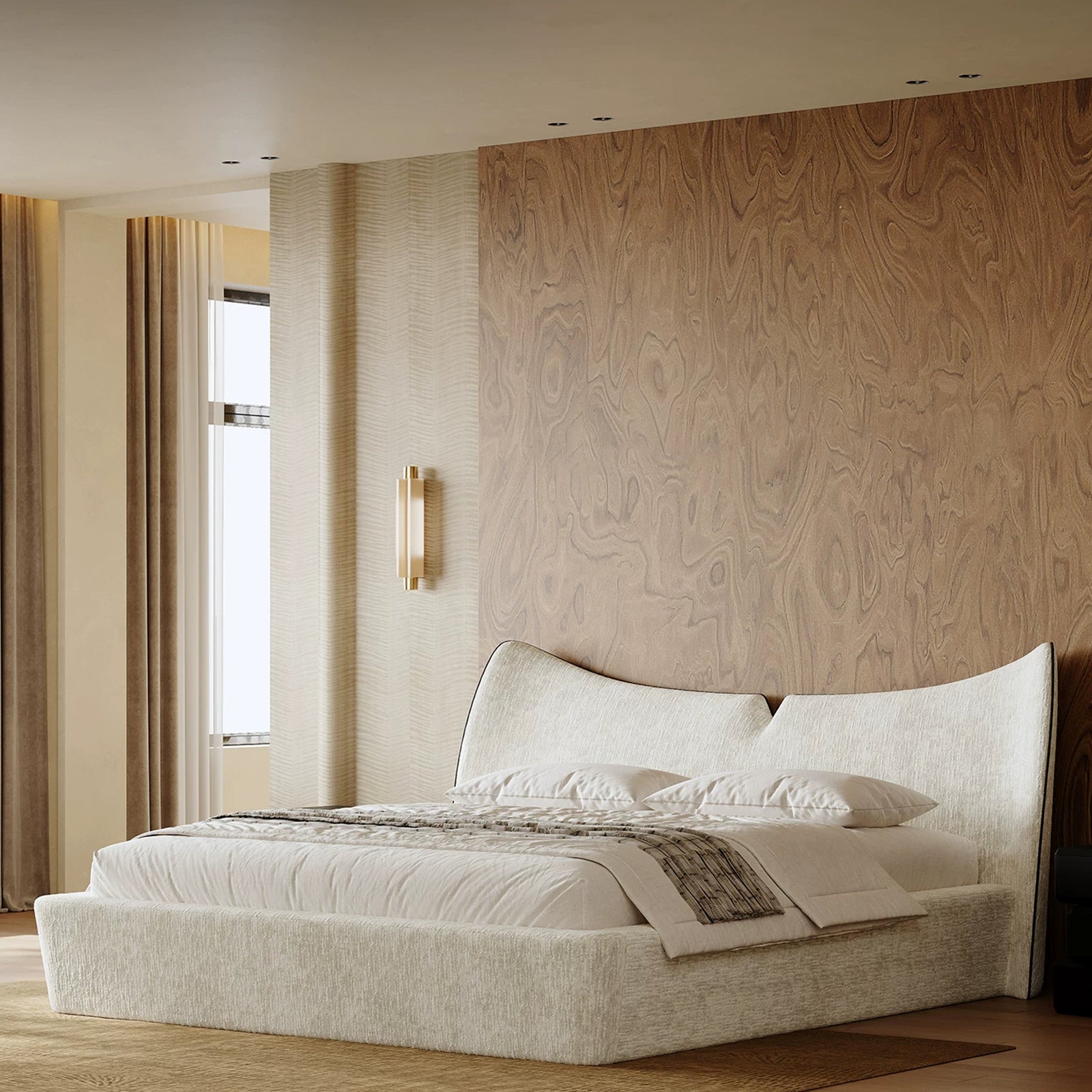 Modern Upholstered Platform Bed with Linen Headboard, Queen Size Wood Floor Bed Frame with High Wingback, No Box Spring Needed, Easy Assemble