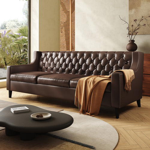 78.75" W Faux Leather Sofa, Button-Tufted 3-Seater Sofa, Mid Century Modern Vintage Brown Leather couches Couch for Living Room, Entertainment Area, Apartment,Office
