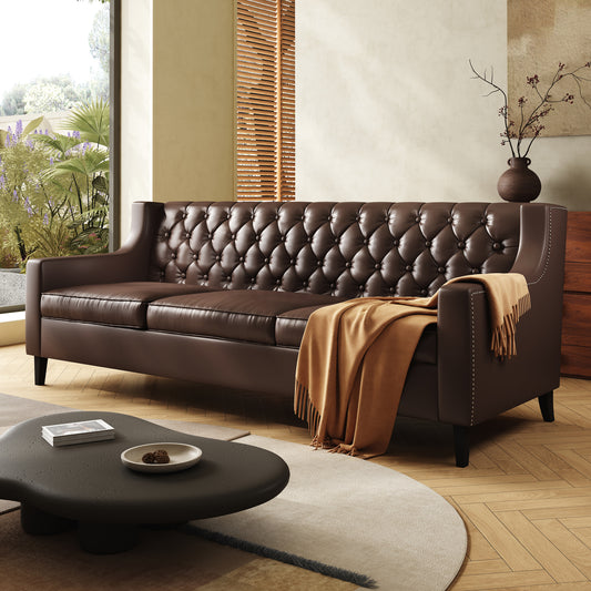 78.75" W Faux Leather Sofa, Button-Tufted 3-Seater Sofa, Mid Century Modern Vintage Brown Leather couches