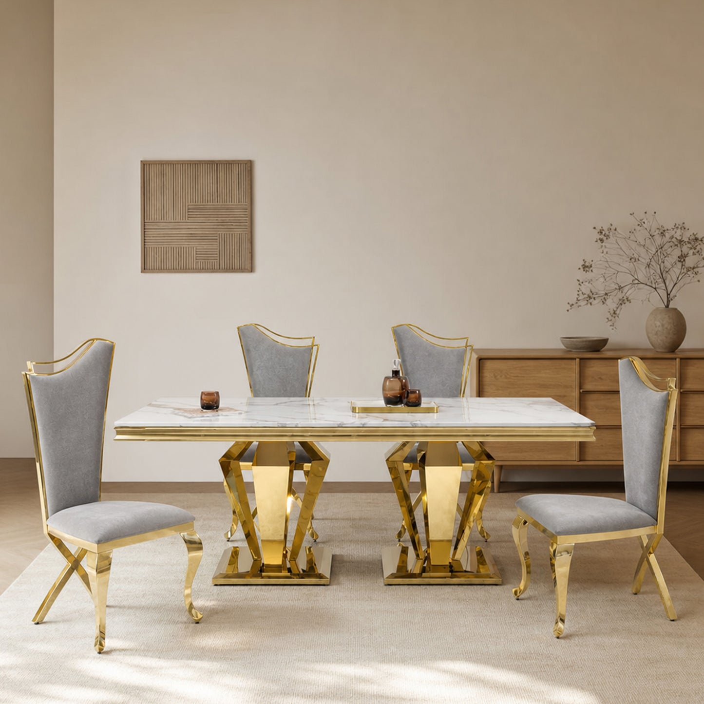 66.9"MDF Marble Top Dining Table , Stainless Steel with Diamond-Shaped Base