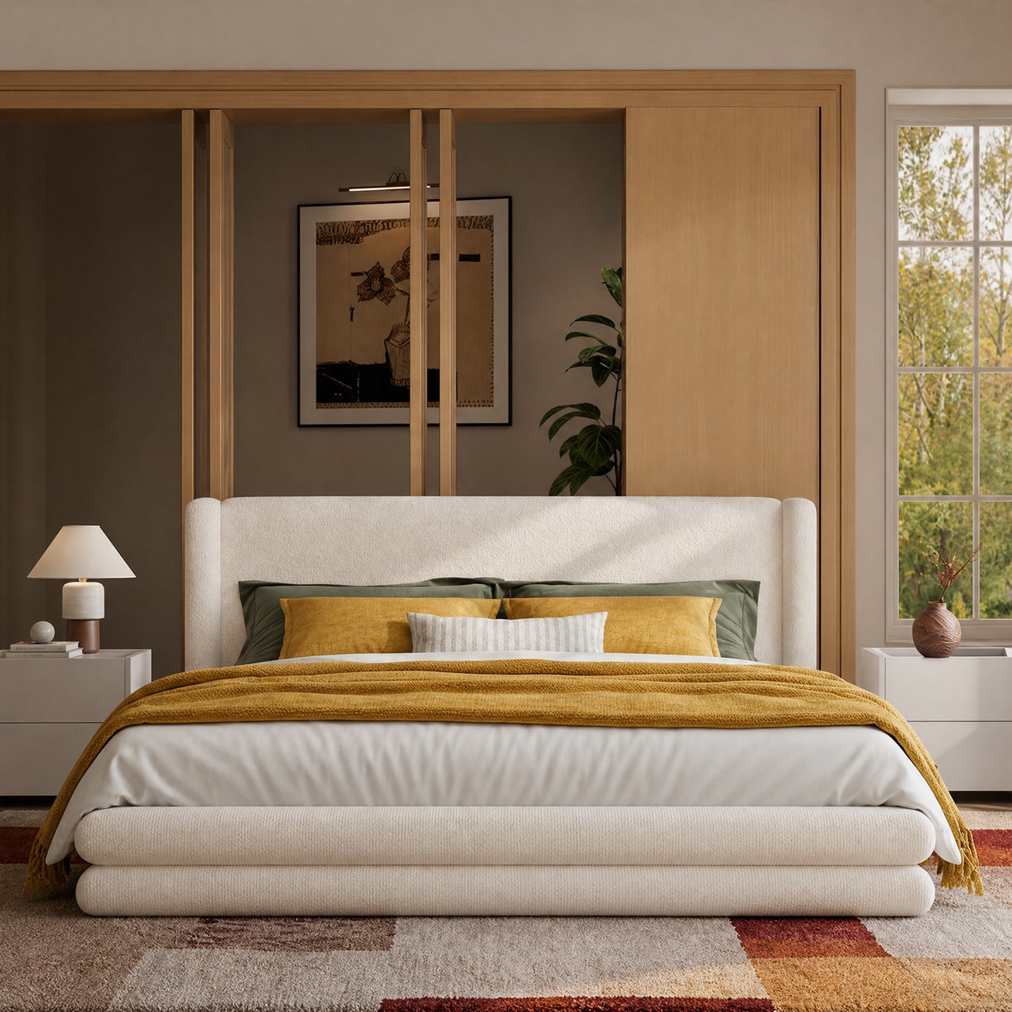 Neutral Minimal Cloud King Upholstered Bed, Textured Boucle Fabric