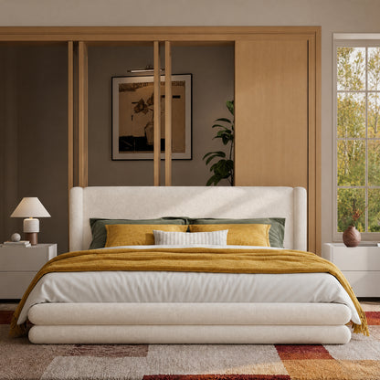Neutral Minimal Cloud King Upholstered Bed, Textured Boucle Fabric