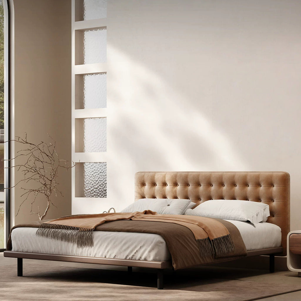Queen Size Platform Bed Frame with Upholstered Faux Leather Button Tufted Headboard, Mattress Foundation with Wooden Slat Support, No Box Spring Needed, Easy Assembly, Noise Free